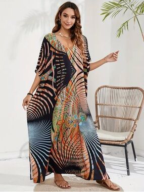 Vibrant Abstract Maxi Kaftan Dress in Black, Peach & Teal ONE SIZE